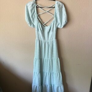 Forever 21 Mint Puff Sleeve Maxi Dress with Crisscross Back